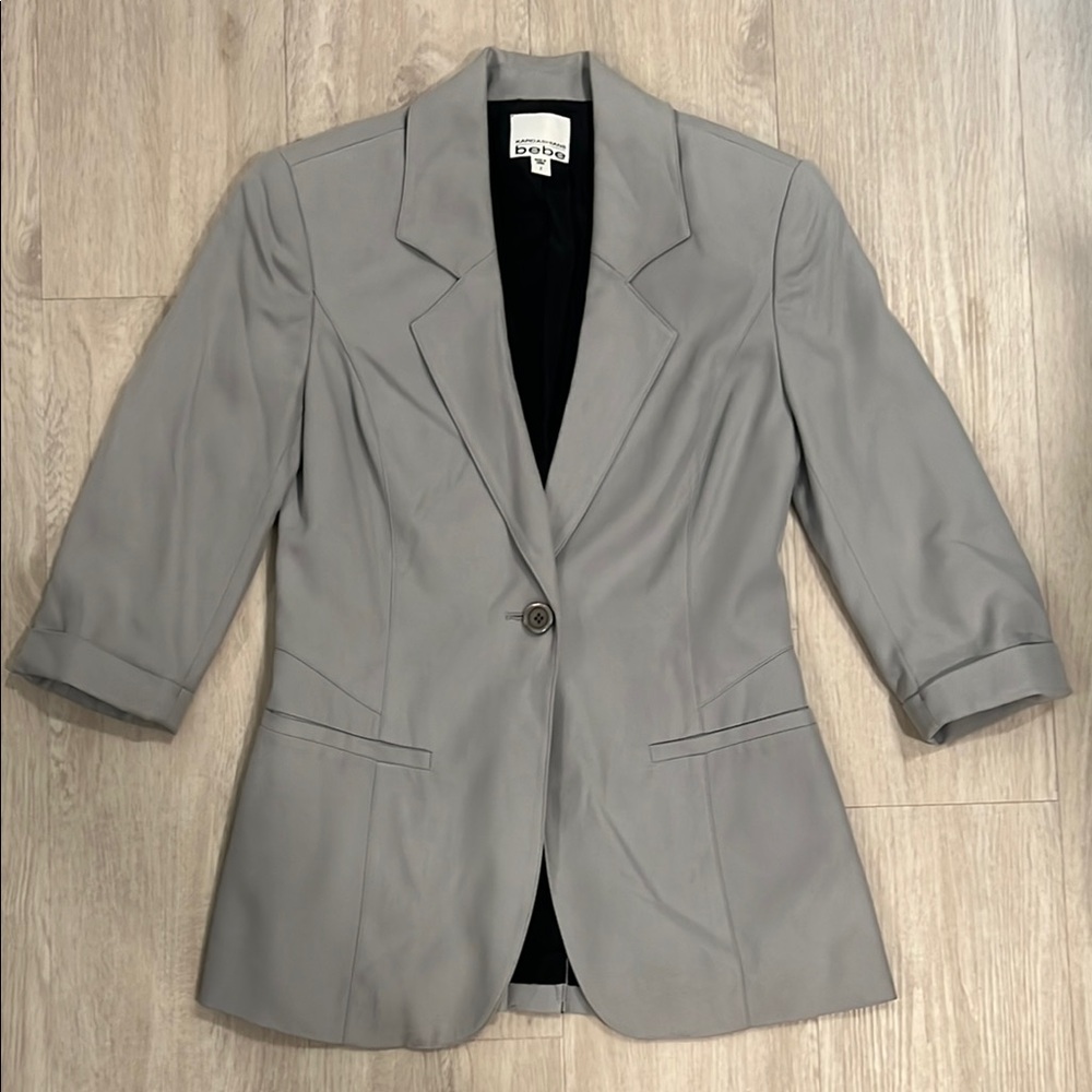 Bebe x Kardashian Collection Gray Blazer with Ruched Sleeves and Tailored Fit